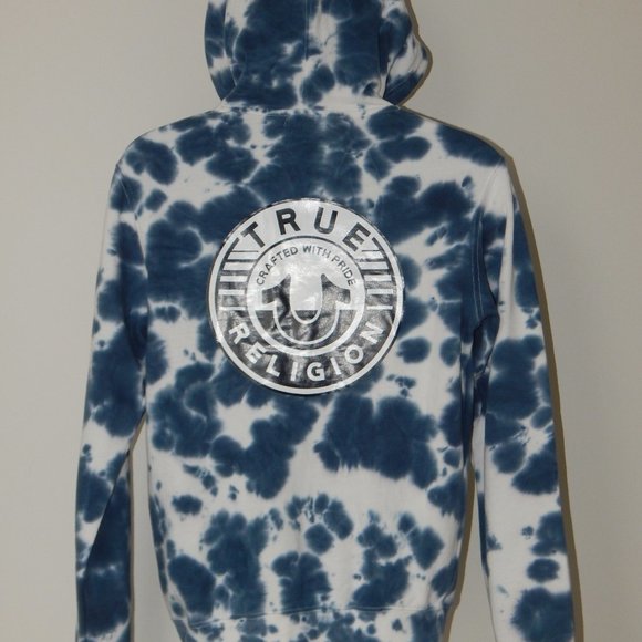 NWT MEN'S TRUE RELIGION BUDDHA TIE DYE PULLOVER HOODIE JACKET DRK BLUE WHITE - Picture 6 of 7